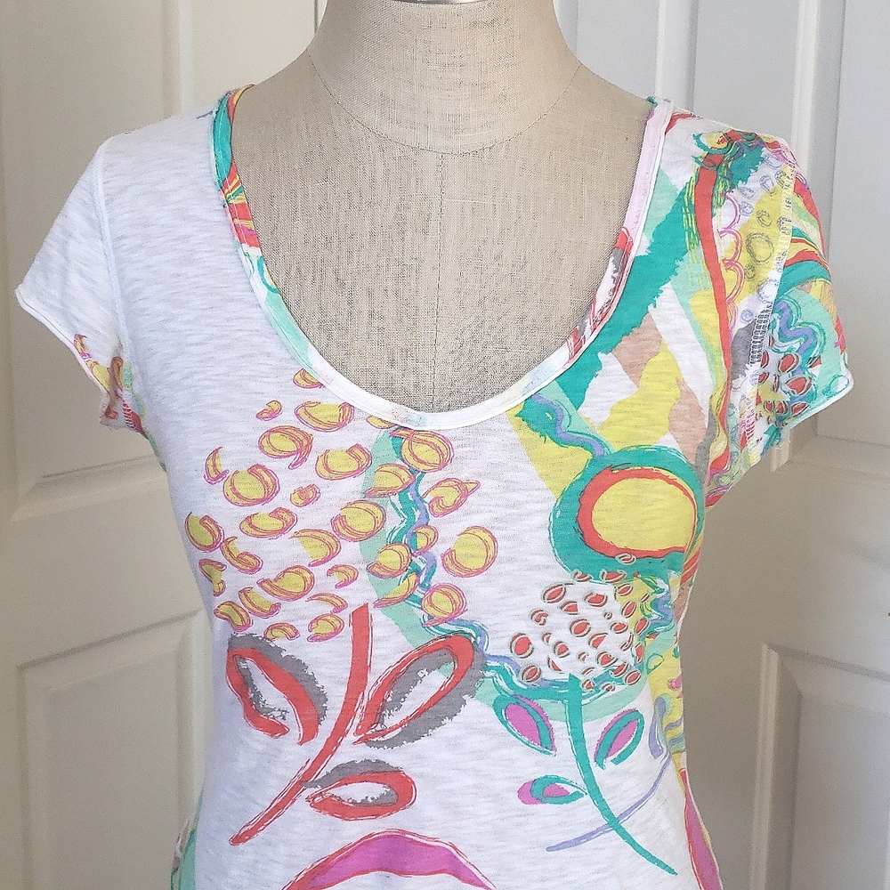 Fresh Produce Colorful Abstract Cotton Scoop‑Neck Top White Yellow Aqua • SMALL - Picture 5 of 14
